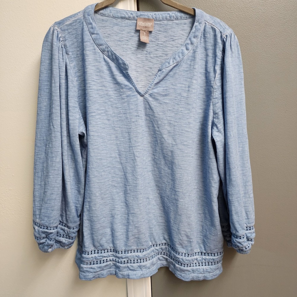 Chicos Womens Blue V Neck Long Sleeve Knit Top Cut Out Lace Trim On Cuffs Size 1
